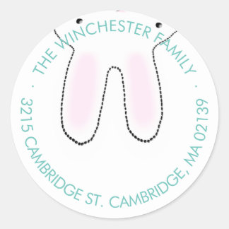 Funny upside down Easter bunny white teal address Classic Round Sticker