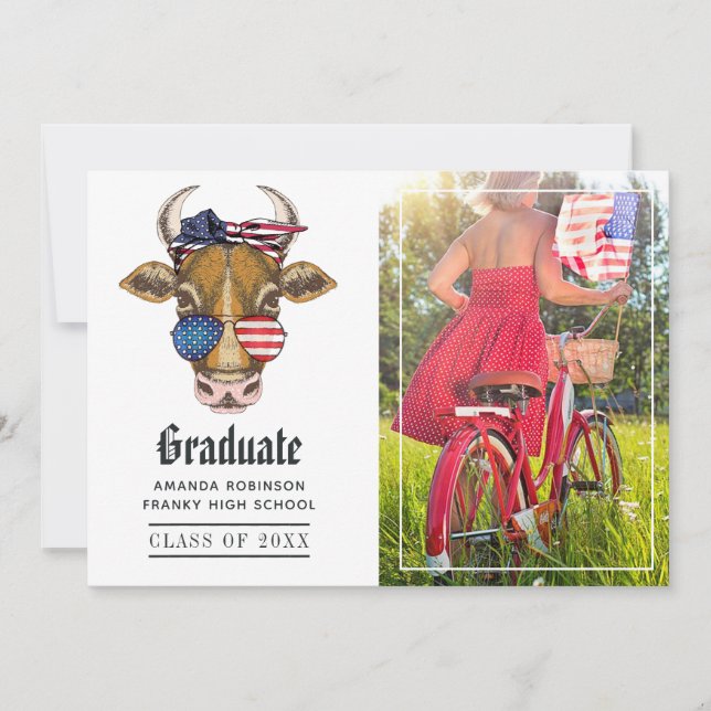 Funny USA Patriotic Cow Graduation Photo Announcement (Front)