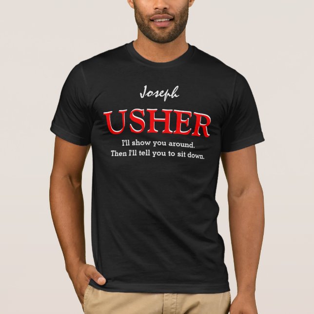 Funny Usher Customisable Wedding Party V09 BLACK T-Shirt (Front)
