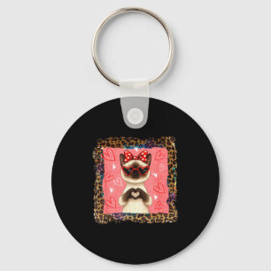 Funny Valentine Siamese Cat Heart Hands Bubble Bow Key Ring