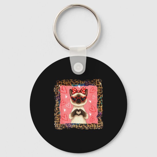 Funny Valentine Siamese Cat Heart Hands Bubble Bow Key Ring (Front)
