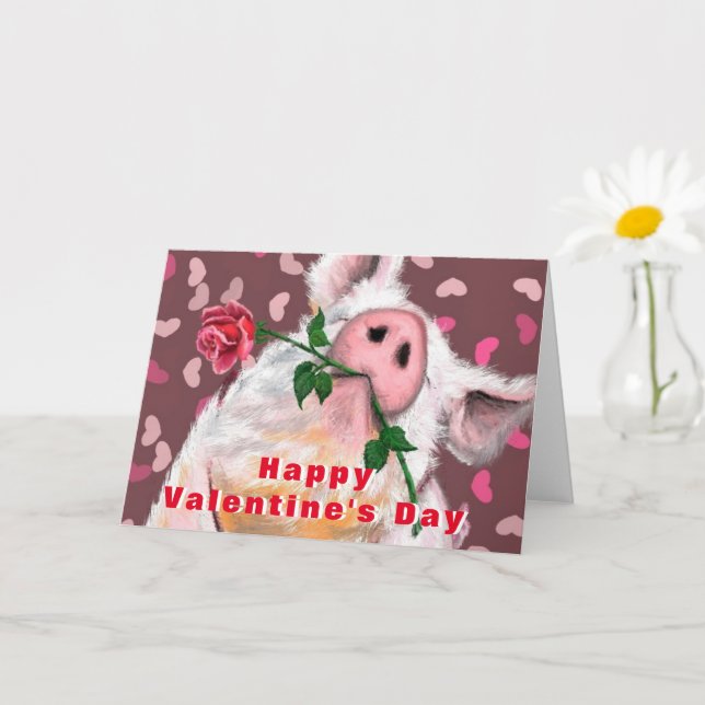 Funny Valentine's Day Card Gentleman Pig with Rose (Small Plant)