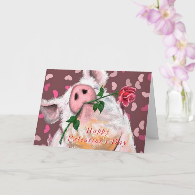 Funny Valentine's Day Card Gentleman Pig with Rose (Orchid)