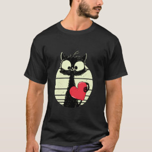 Funny Valentine's Day Cat With Heart Cute Black Ki T-Shirt