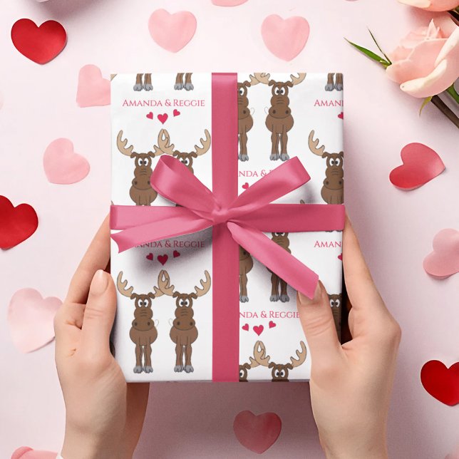 Funny Valentine's Day Cute Fun Moose Custom Wrapping Paper (Cute whimsical Moose Valentine's Day Wrapping Paper. )