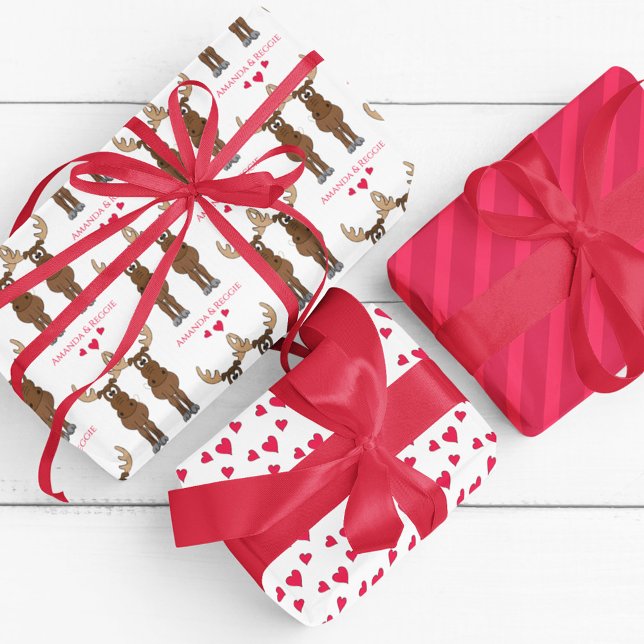 Funny Valentine's Day Cute Whimsical Moose Custom  Wrapping Paper Sheet (Cute whimsical Valentine's day moose and hearts wrapping paper set. )