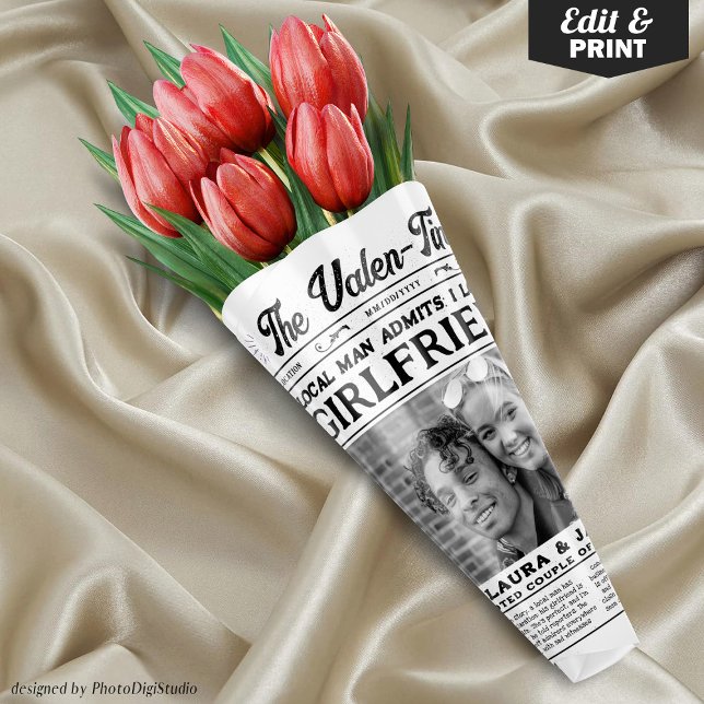 Funny Valentines Newspaper Flower Bouquet Wrap  Wrapping Paper Sheet (Editable Funny Valentines Newspaper Flower Bouquet Wrap Wrapping Paper Sheets)