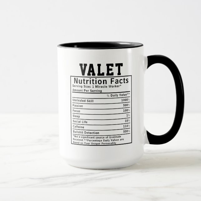 Funny Valet Nutrition Facts Staff Worker Gift Mug (Right)