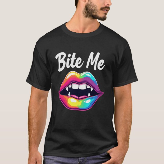 Funny Vampire Rainbow Lips Teeth Bite Me Halloween T-Shirt (Front)