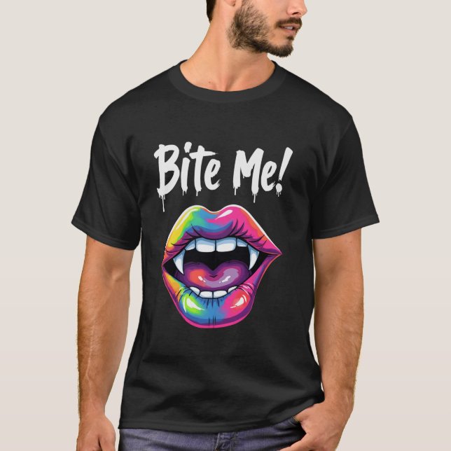 Funny Vampire Rainbow Lips Teeth Bite Me Halloween T-Shirt (Front)