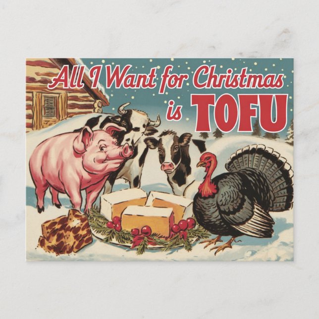 Funny Vegan Vegetarian Christmas Tofu Postcard (Front)