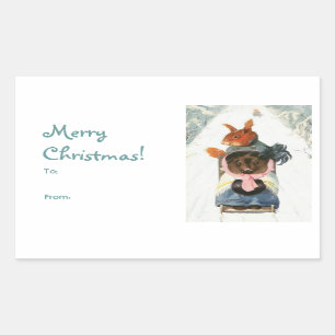 Funny Vintage Animals Sledding "Merry Christmas" Rectangular Sticker