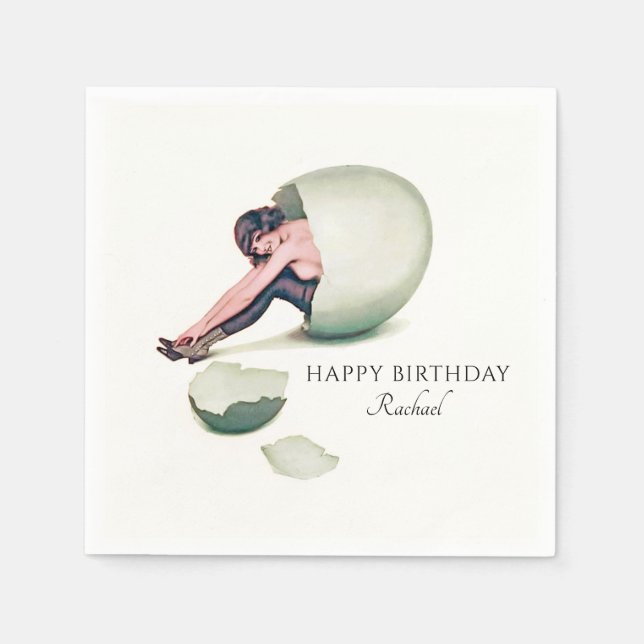 Funny Vintage Art Nouveau Woman Happy Birthday Napkin (Front)