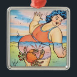 Funny Vintage Beach Humour Crab Attack Illustratio Metal Tree Decoration<br><div class="desc">This vibrant vintage illustration, dating from the 1930s-1940s, captures the playful and cheeky spirit of mid-century seaside humor. It depicts a curvaceous woman in a stylish coral swimsuit wading in the ocean, surprised by a mischievous crab. The bold lines, saturated colors, and expressive character design are hallmarks of the classic...</div>