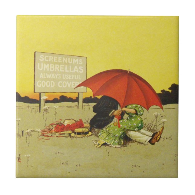 Funny vintage beach umbrella sweethearts tile (Front)