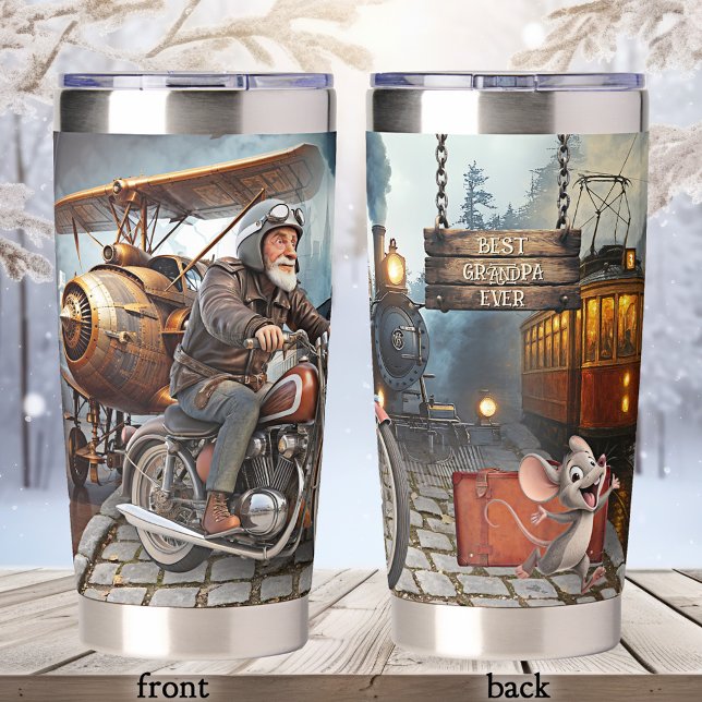 Funny Vintage Best Grandpa Ever Insulated Tumbler (Thermal tumbler featuring a funny collage of vintage transportation images with a grandpa on a bike )