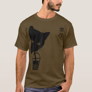 Funny Vintage Black Cat Drinking Boba Bubble Tea W T-Shirt