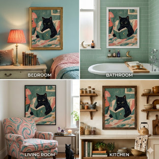 Funny Vintage Black Cat Reading Book poster