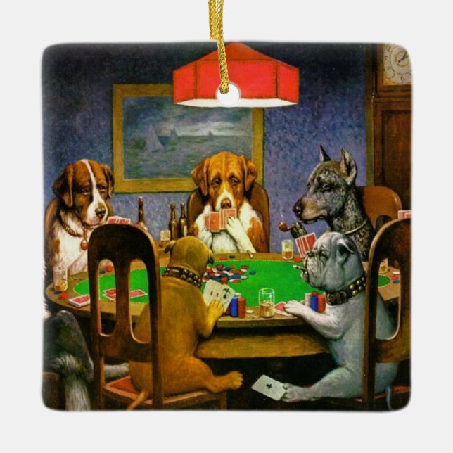 Funny Vintage Dogs Playing Poker Ceramic Ornament (Front)