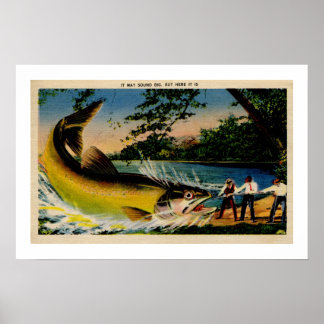 Funny vintage exaggerated fishing poster