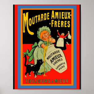 Funny Vintage French Mustard Moutarde Ad Girl, Cat Poster