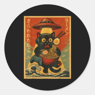 Funny Vintage Gaming Cat Gamer Ramen Ufo Japanese  Classic Round Sticker