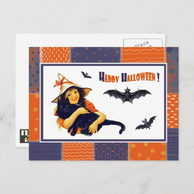 Funny Vintage Girl Halloween Postcard (Front/Back)
