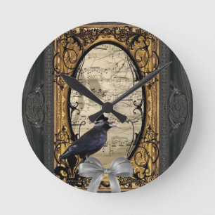 Funny vintage Gothic wedding crow Round Clock
