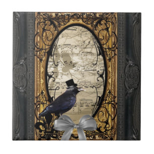 Funny vintage Gothic wedding crow Tile