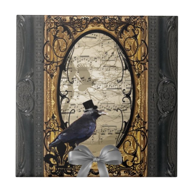 Funny vintage Gothic wedding crow Tile (Front)