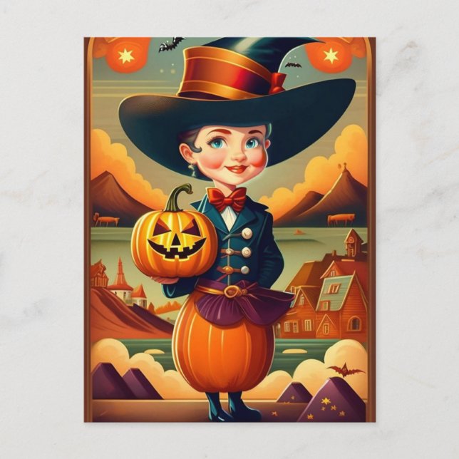 Funny Vintage Halloween Woman Postcard (Front)