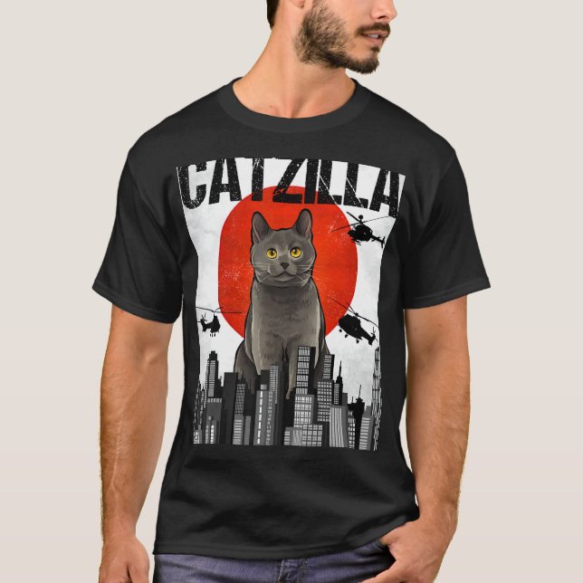 Funny Vintage Japanese Catzilla Chartreux Cat T-Shirt (Front)