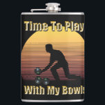 Funny Vintage Lawn Bowls Play Time, Hip Flask<br><div class="desc">Pictured in a vintage inspired design is a lawn bowler bowling with the words time to play with my bowls in gold</div>