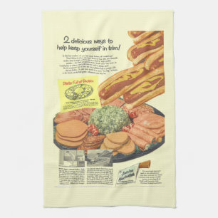 Funny Vintage Meat Institute Ad PLATTER OF PROTEIN Tea Towel