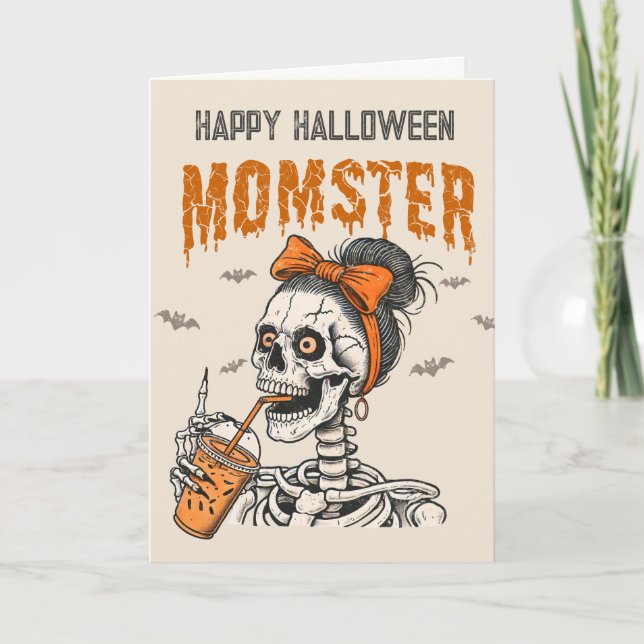 Funny Vintage Momster Skeleton Halloween Holiday Card (Front)