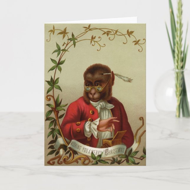 Funny Vintage Monkey Merry Christmas Holiday Card (Front)