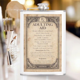 Funny Vintage Prescription Bottle Adulting Aid Rx Hip Flask