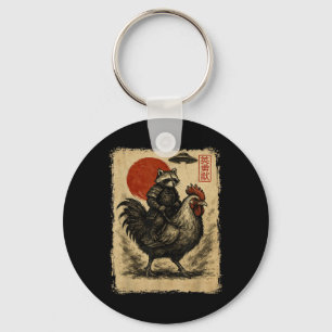 Funny Vintage Racoon Rooster Chicken Ufo Japanese Key Ring