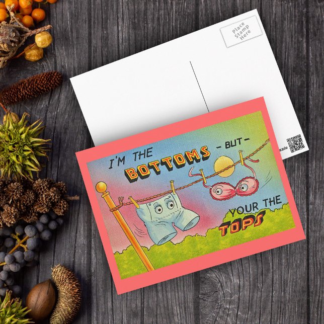 Funny Vintage Talking Clothes Postcard (Funny pants bra with eyes on salmon pink postcard with text  I'm the bottoms but you are the tops".)