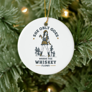 Funny Vintage Western Cowgirl Whiskey Lover Ceramic Tree Decoration