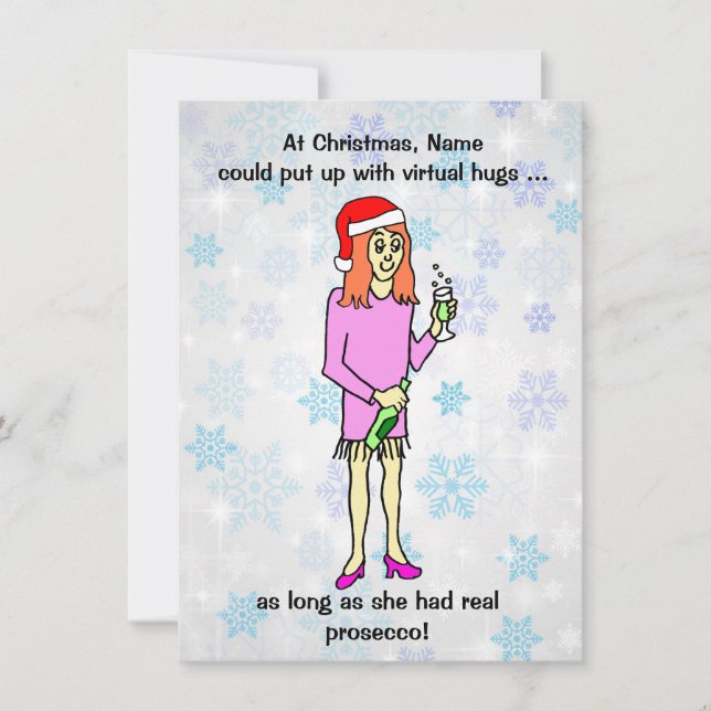 Funny Virtual Hugs Prosecco Woman Christmas Holiday Card (Front)