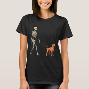 Funny Vizsla Skeleton Dog Walking Halloween Dog T-Shirt