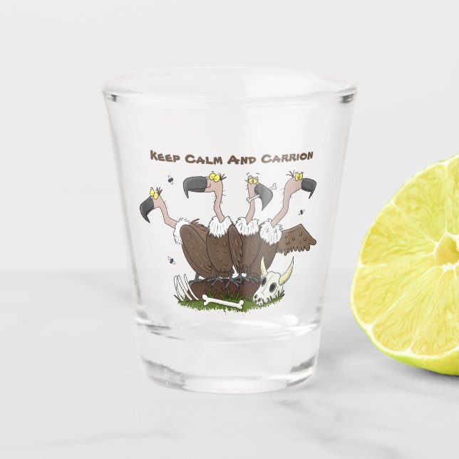 Funny vultures humour cartoon shot glass (Front)