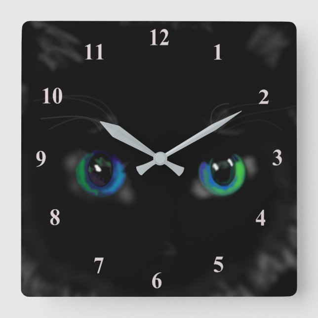 Funny Wall Clock Black Cat with Blue Green Eyes (Front)