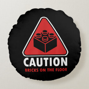 Funny Warning Caution Building Blocks Bricks On Fl Round Cushion
