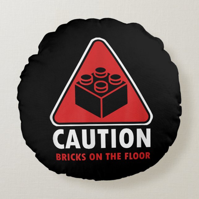 Funny Warning Caution Building Blocks Bricks On Fl Round Cushion (Front)