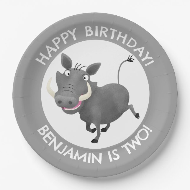 Funny warthog personalised birthday paper plate (Front)