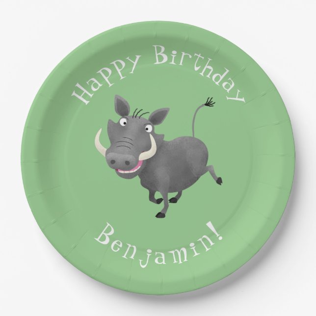 Funny warthog personalised birthday paper plate (Front)