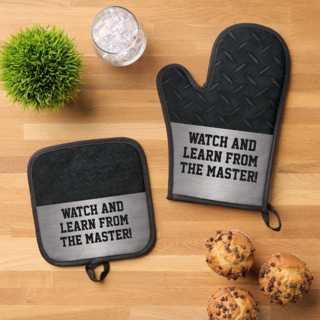 Funny Watch And Learn Cooking Joke Oven Mitt & Pot Holder Set (Top Down)