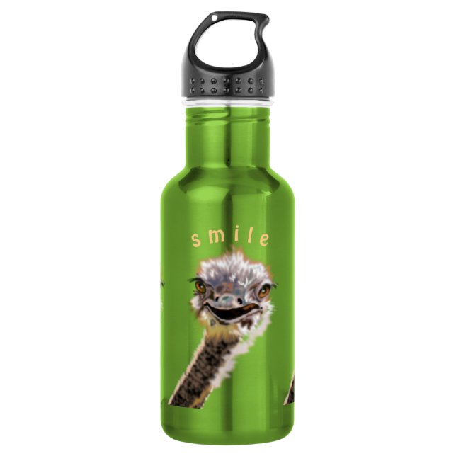 Funny Water Bottle with Playful Happy Ostrich (Front)